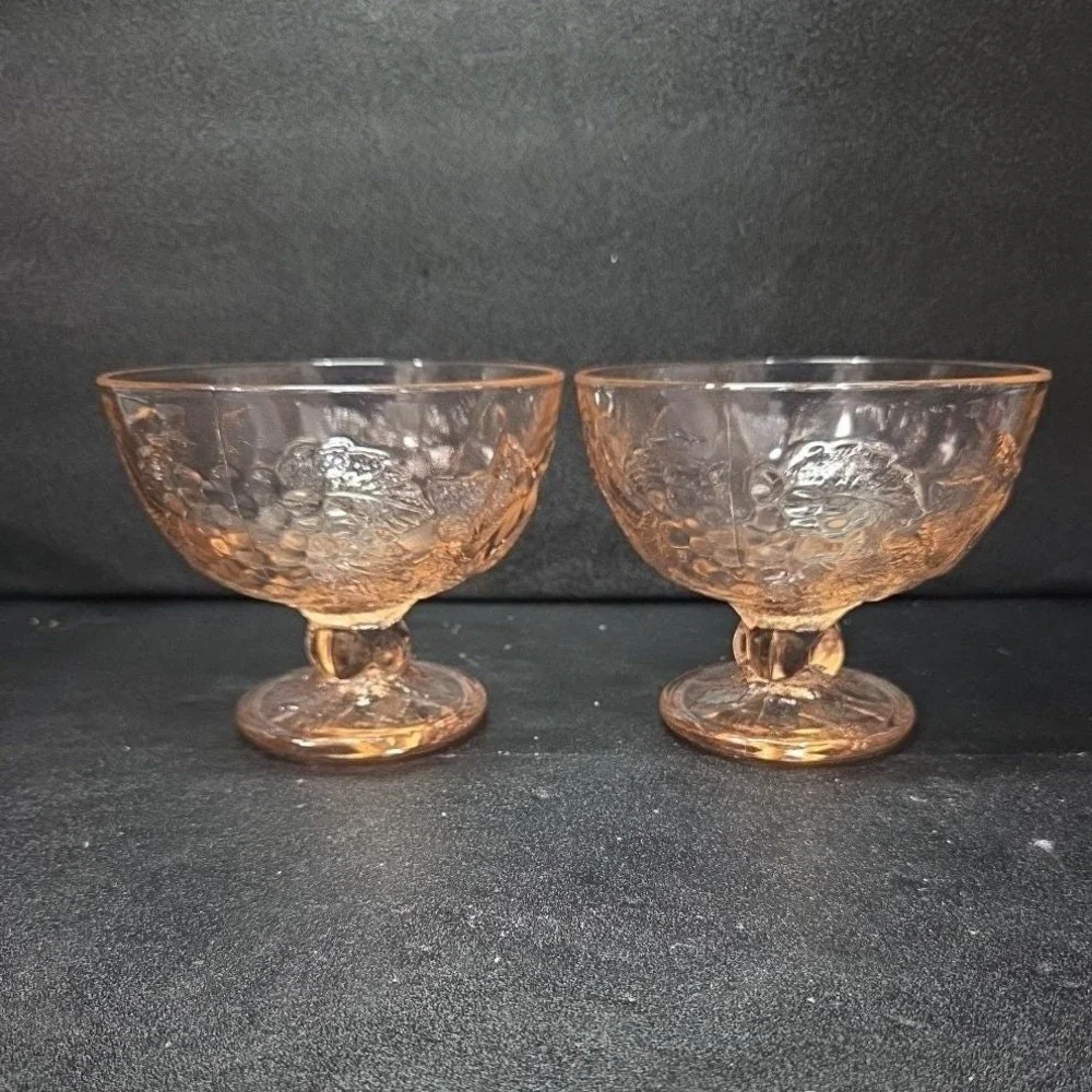 Pasabahce Pink Dessert Bowls, Set of 2, Vintage Fruit Design, Footed‎ Glassware